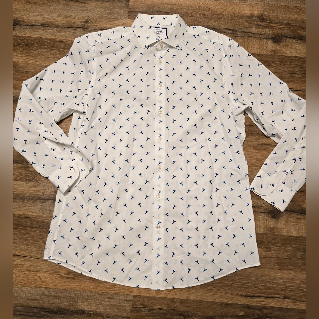 Charles Tyrwhitt Mens Long Sleeve Button Bird Hummingbird White Blue 17/35 Inch